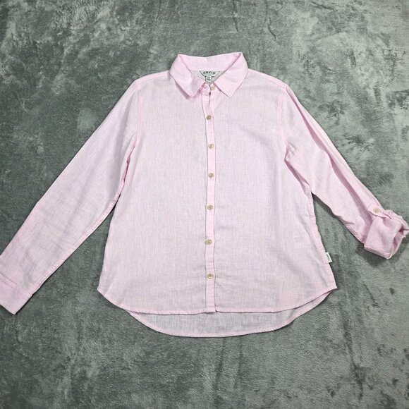 Orvis Top Womens M Pink Linen Blend Roll Tab Sleeve Button Down Breathable - Picture 1 of 8